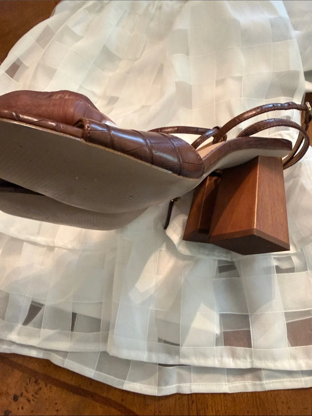Steve Madden Brown Croc-Embossed Block Heel Sandals with Ankle Strap - Picture 4 of 5